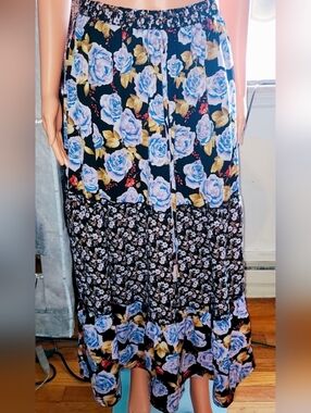 Bohemian Floral Tiered Maxi Skirt - Black with Blue Rose Print